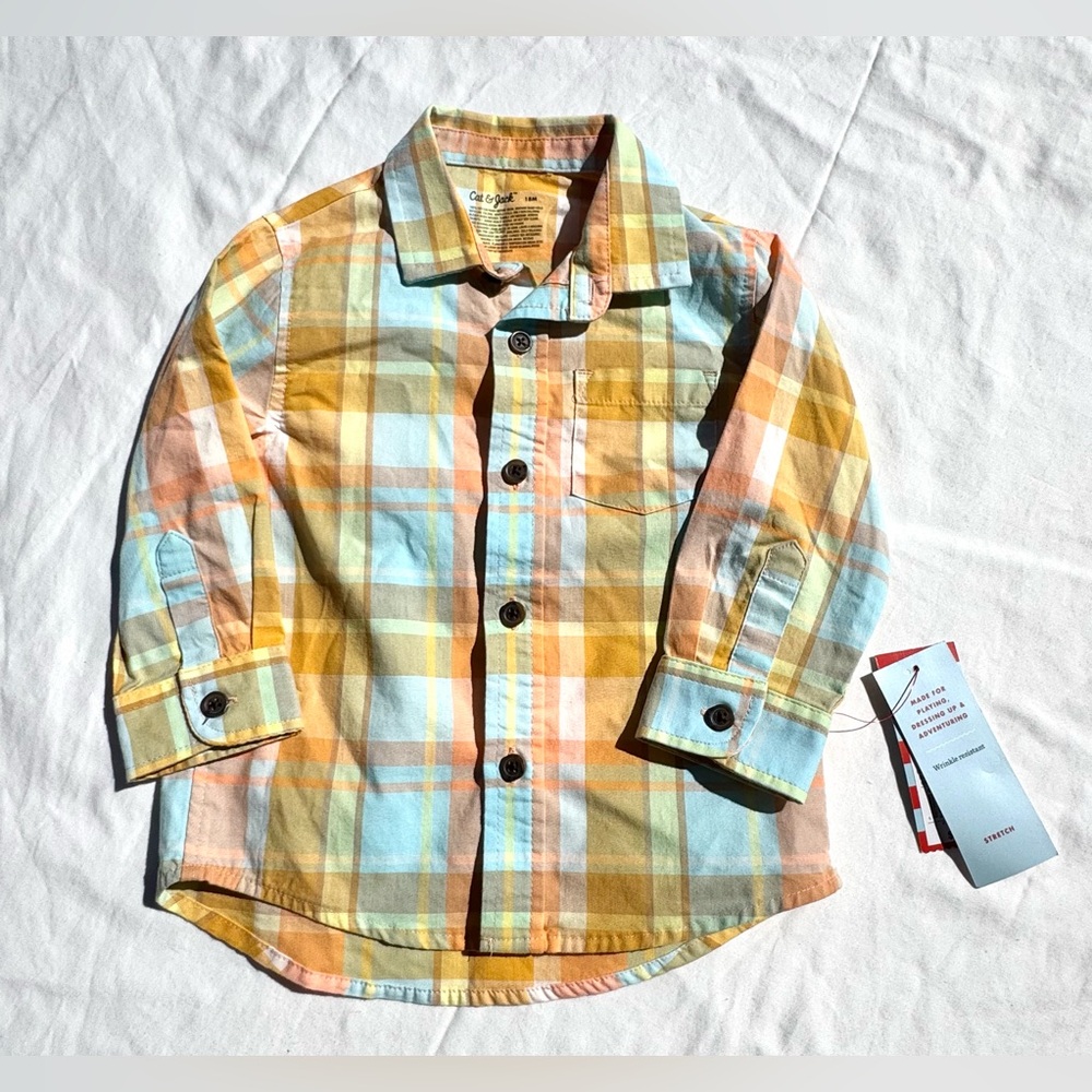 🐣 NWT Cat & Jack Yellow, Blue & Orange Plaid Button-Down Shirt size 18m